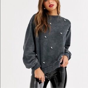 Stradivarius Gray Pearl Detailed Trendy Pullover Sweatshirt Style Sweater Sz S